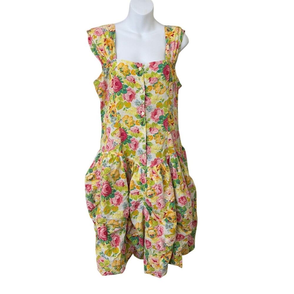 Vtg 80s Garron Yellow Floral Sundress Bubble Hem Drop Waist Button Bodice Dress